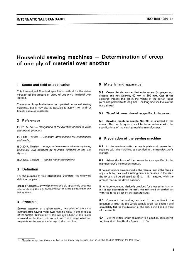 ISO 4818:1984 - Household sewing machines -- Determination of creep of one ply of material over another