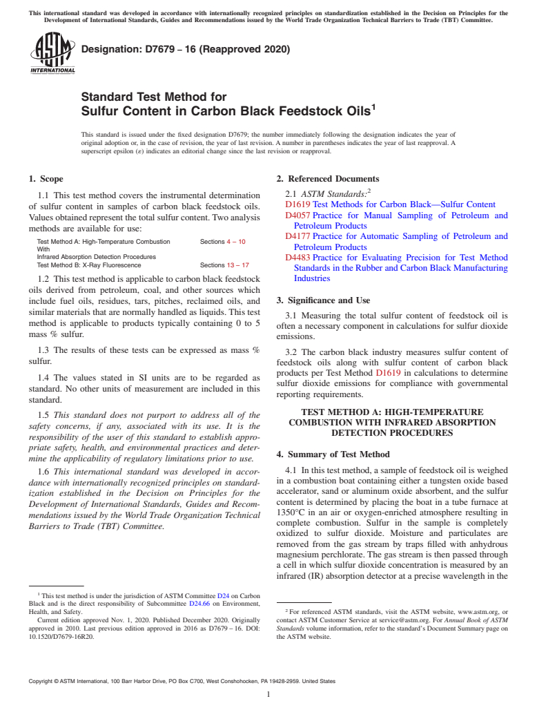 ASTM D7679-16(2020) - Standard Test Method for Sulfur Content in Carbon Black Feedstock Oils