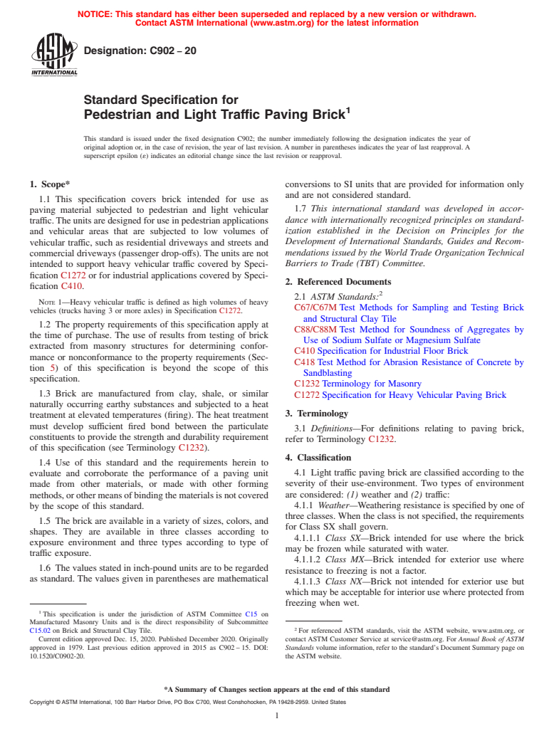 ASTM C902-20 - Standard Specification for  Pedestrian and Light Traffic Paving Brick