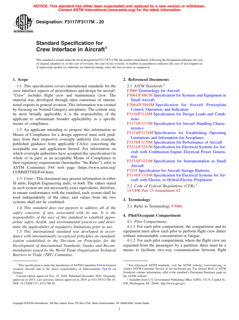 ASTM F3117/F3117M-20 - Standard Specification for Crew Interface in Aircraft