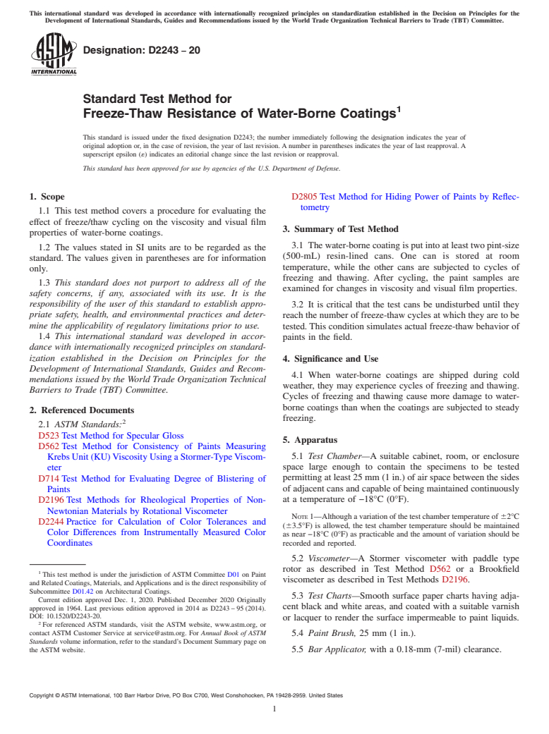 ASTM D2243-20 - Standard Test Method for Freeze-Thaw Resistance of Water-Borne Coatings
