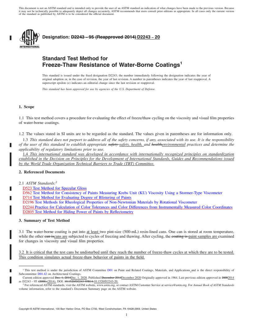 REDLINE ASTM D2243-20 - Standard Test Method for Freeze-Thaw Resistance of Water-Borne Coatings