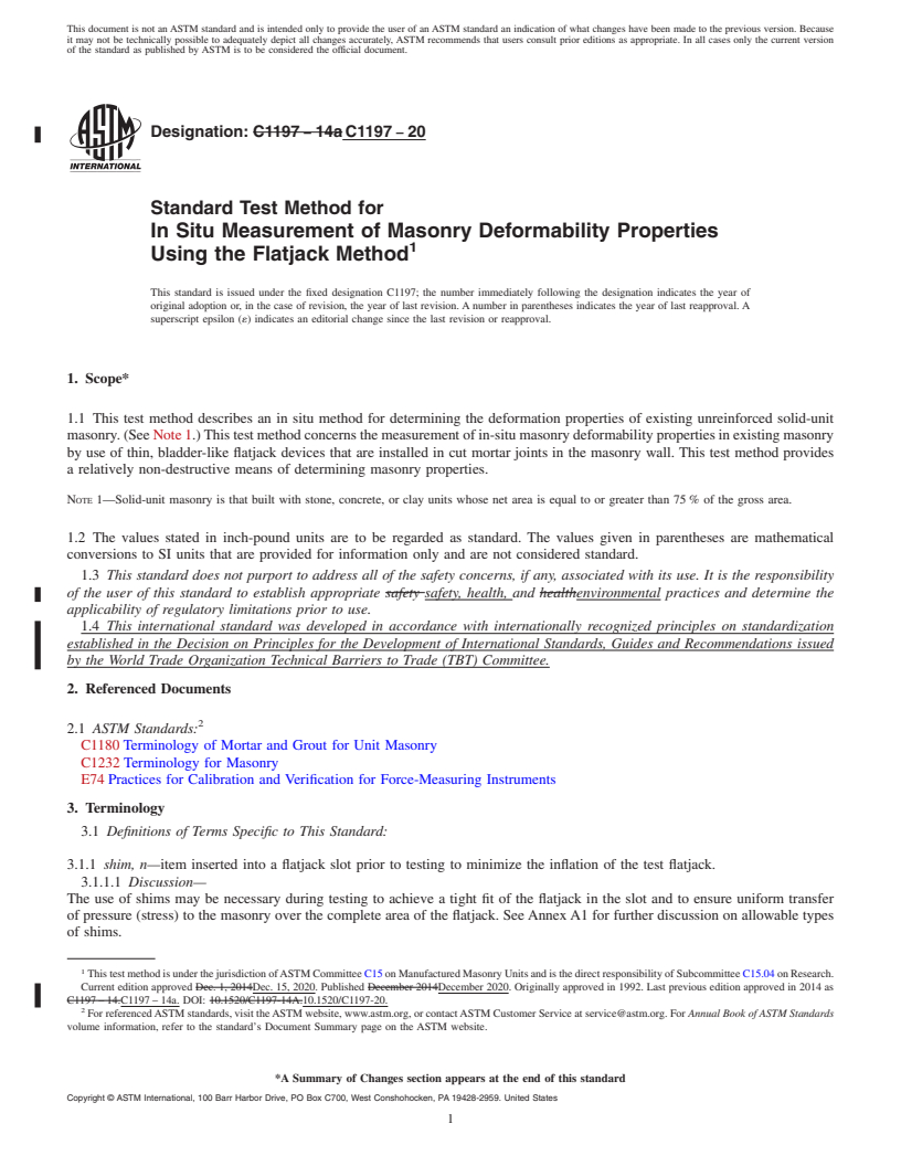 REDLINE ASTM C1197-20 - Standard Test Method for  In Situ Measurement of Masonry Deformability Properties Using  the Flatjack Method