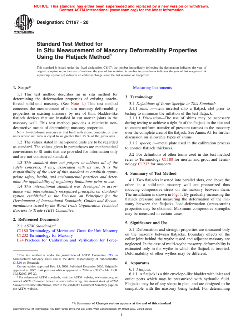 ASTM C1197-20 - Standard Test Method for  In Situ Measurement of Masonry Deformability Properties Using  the Flatjack Method