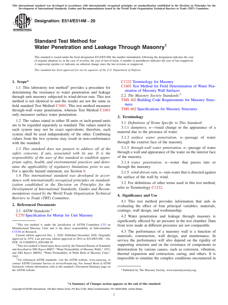 ASTM E514/E514M-20 - Standard Test Method for  Water Penetration and Leakage Through Masonry