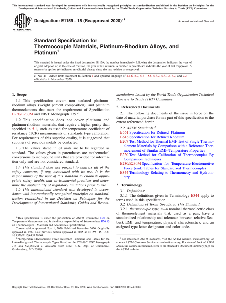 ASTM E1159-15(2020)e1 - Standard Specification for  Thermocouple Materials, Platinum-Rhodium Alloys, and Platinum