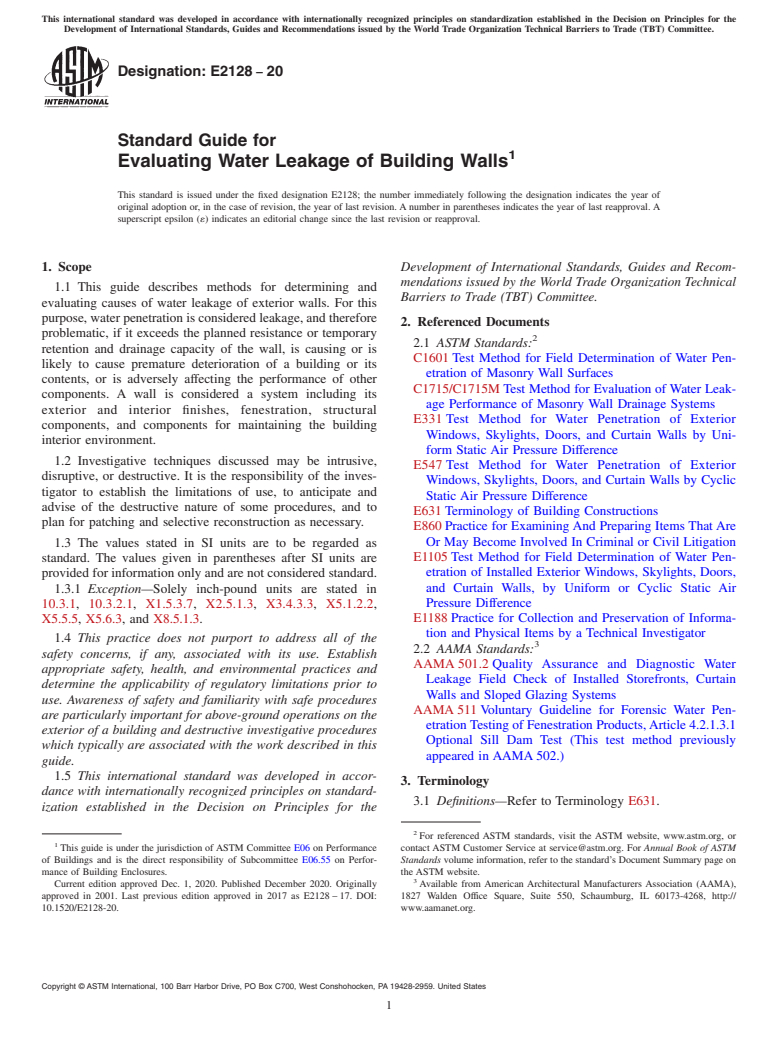 ASTM E2128-20 - Standard Guide for Evaluating Water Leakage of Building Walls