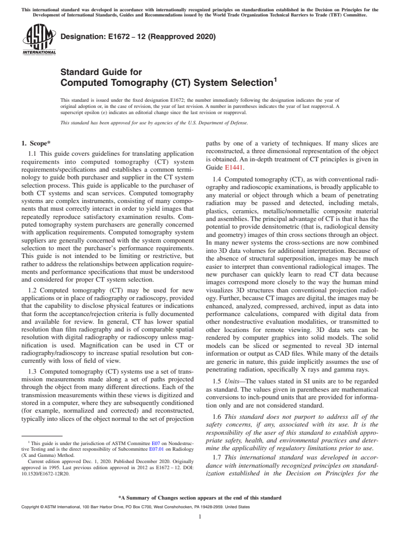 ASTM E1672-12(2020) - Standard Guide for  Computed Tomography (CT) System Selection