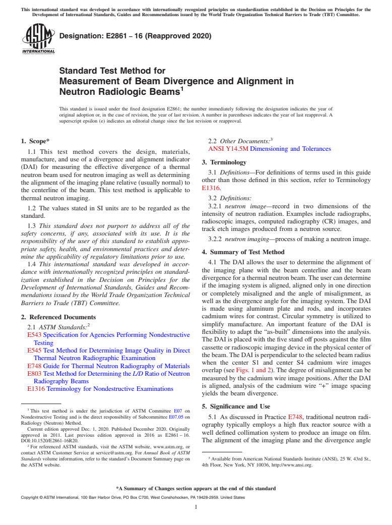 ASTM E2861-16(2020) - Standard Test Method for  Measurement of Beam Divergence and Alignment in Neutron Radiologic Beams