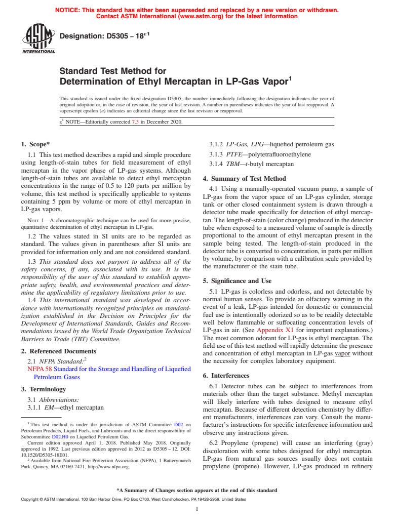 ASTM D5305-18e1 - Standard Test Method for Determination of Ethyl Mercaptan in LP-Gas Vapor