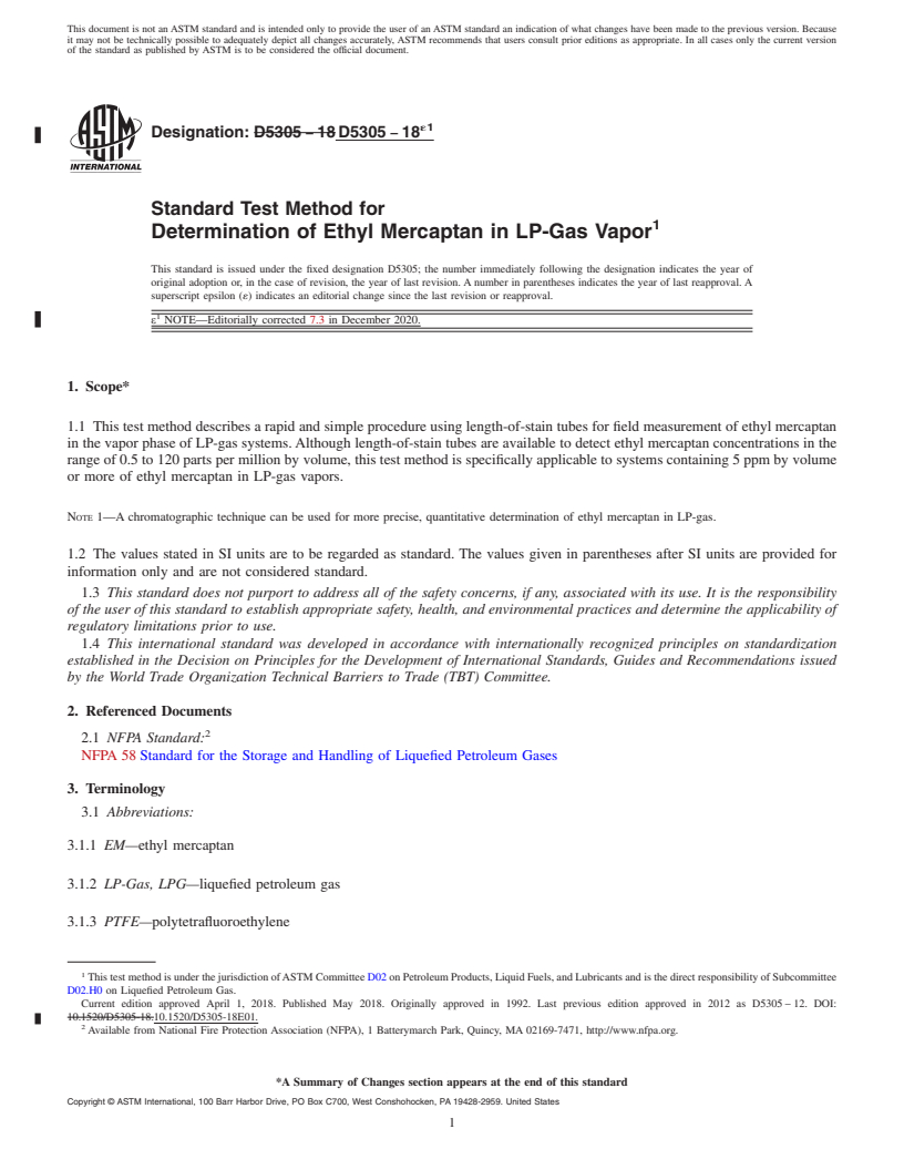 REDLINE ASTM D5305-18e1 - Standard Test Method for Determination of Ethyl Mercaptan in LP-Gas Vapor