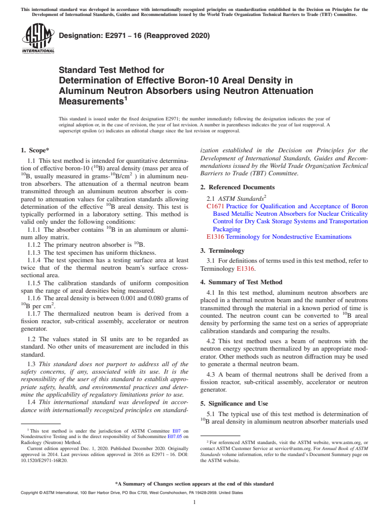 ASTM E2971-16(2020) - Standard Test Method for Determination of Effective Boron-10 Areal Density in Aluminum  Neutron Absorbers using Neutron Attenuation Measurements