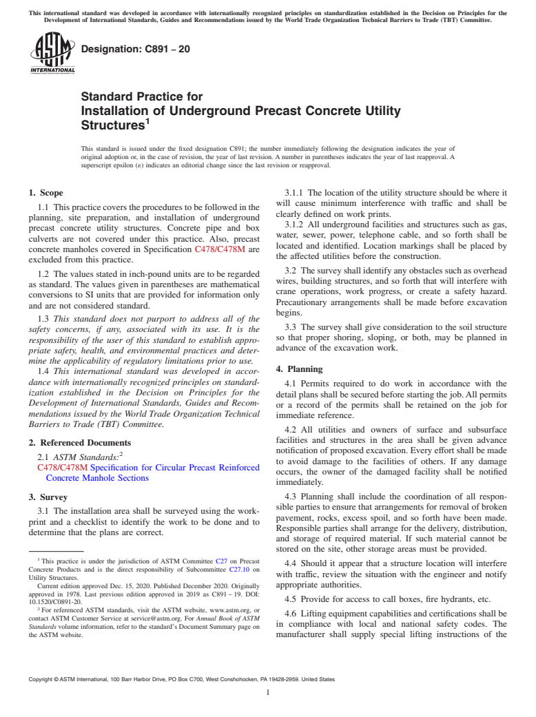 ASTM C891-20 - Standard Practice for Installation of Underground Precast Concrete Utility Structures