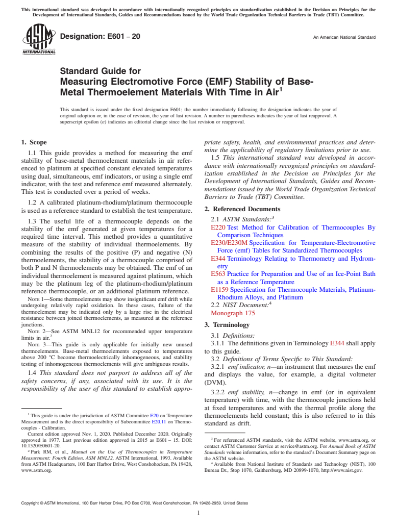 ASTM E601-20 - Standard Guide for  Measuring Electromotive Force (EMF) Stability of Base-Metal  Thermoelement Materials With Time in Air