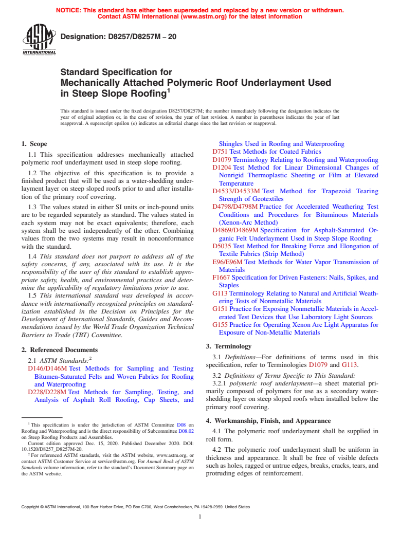 ASTM D8257/D8257M-20 - Standard Specification for Mechanically Attached Polymeric Roof Underlayment Used in Steep  Slope Roofing