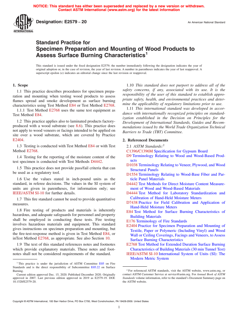 ASTM E2579-20 - Standard Practice for  Specimen Preparation and Mounting of Wood Products to Assess  Surface Burning Characteristics