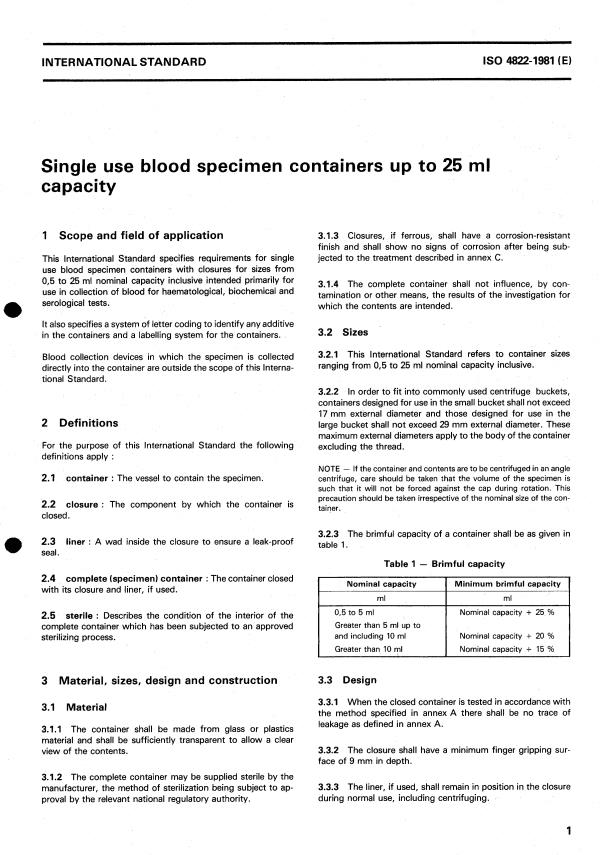ISO 4822:1981 - Single use blood specimen containers up to 25 ml capacity