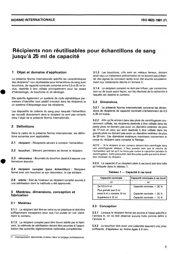 ISO 4822:1981 - Récipients non réutilisables pour échantillons de sang jusqu'a 25 ml de capacité