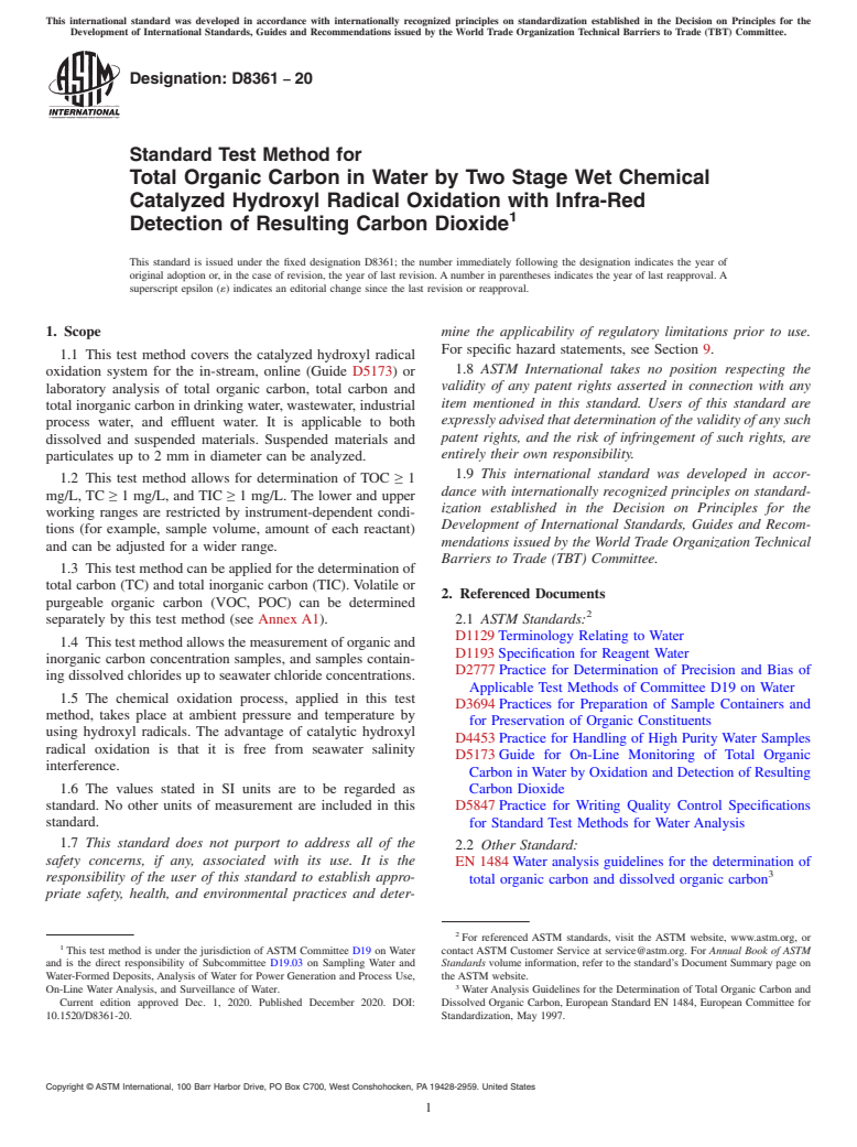 ASTM D8361-20 - Standard Test Method for Total Organic Carbon in Water by Two Stage Wet Chemical Catalyzed  Hydroxyl Radical Oxidation with Infra-Red Detection of Resulting Carbon  Dioxide