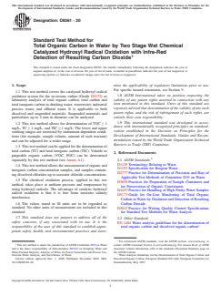 ASTM D8361-20 ASTM D8361-20 - Standard Test Method for Total Organic Carbon in Water by Two Stage Wet Chemical Catalyzed Hydroxyl Radical Oxidation with Infra-Red Detection of Resulting Carbon Dioxide - Page 1 preview