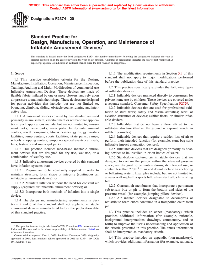 ASTM F2374-20 - Standard Practice for  Design, Manufacture, Operation, and Maintenance of Inflatable  Amusement Devices