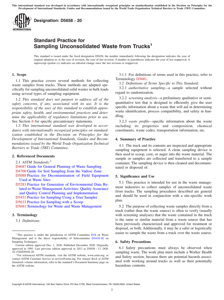 ASTM D5658-20 - Standard Practice for Sampling Unconsolidated Waste from Trucks
