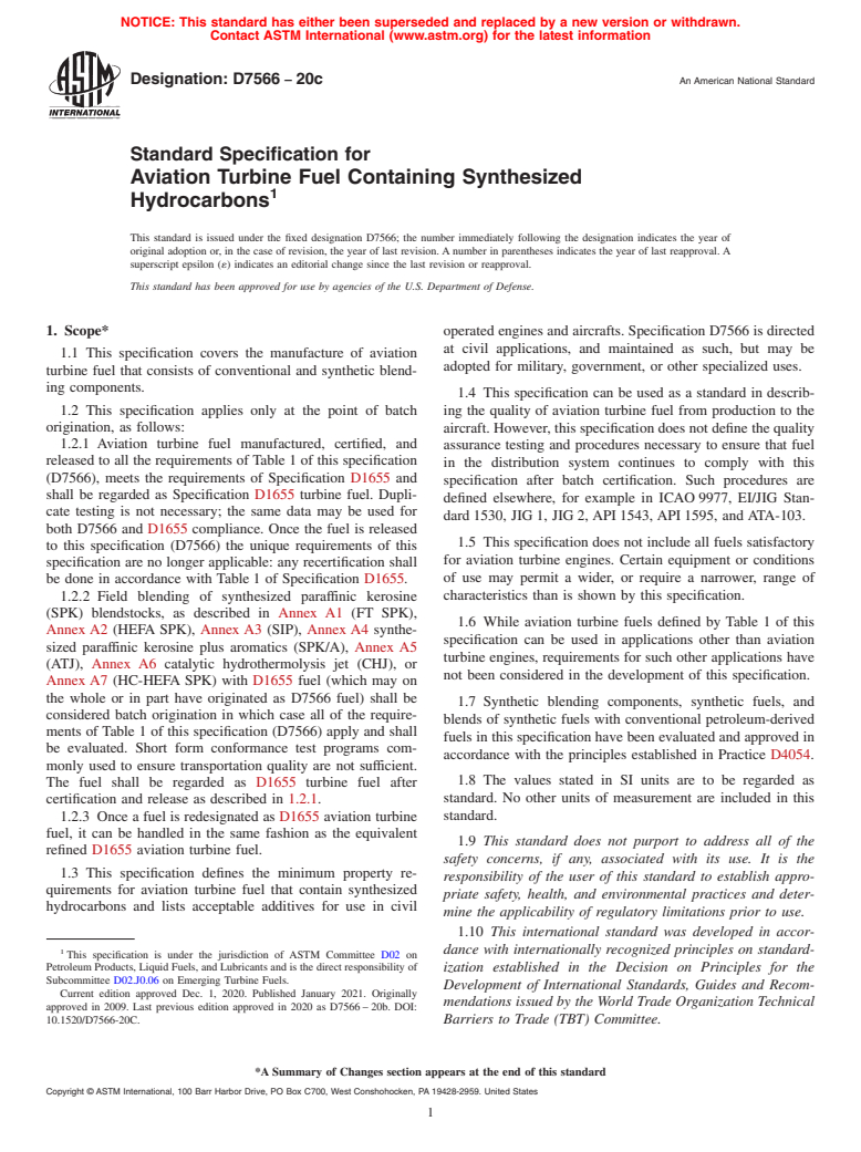 ASTM D7566-20c - Standard Specification for Aviation Turbine Fuel Containing Synthesized Hydrocarbons