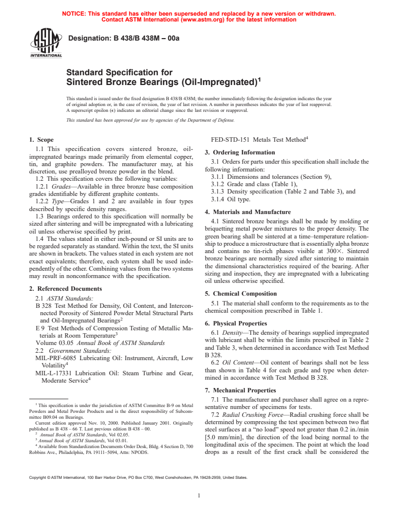 ASTM B438/B438M-00a - Standard Specification for Sintered Bronze Bearings (Oil-Impregnated)