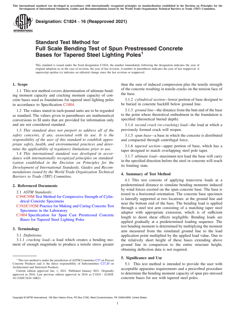 ASTM C1824-16(2021) - Standard Test Method for Full Scale Bending Test of Spun Prestressed Concrete Bases  for Tapered Steel Lighting Poles