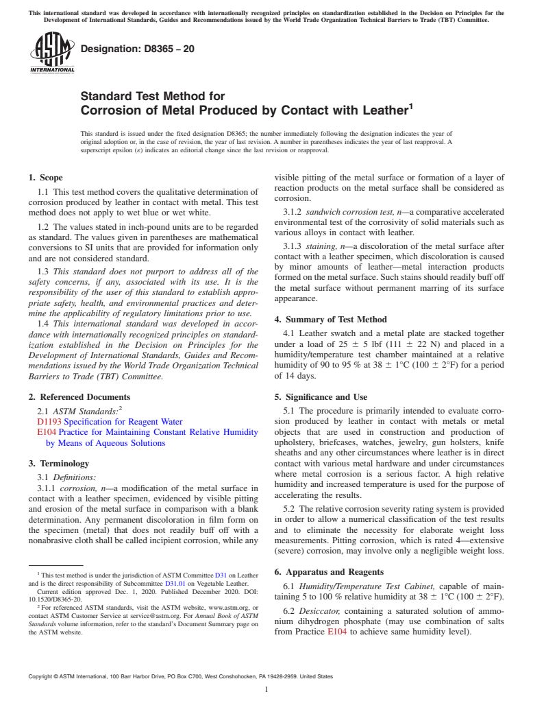 ASTM D8365-20 - Standard Test Method for Corrosion of Metal Produced by Contact with Leather