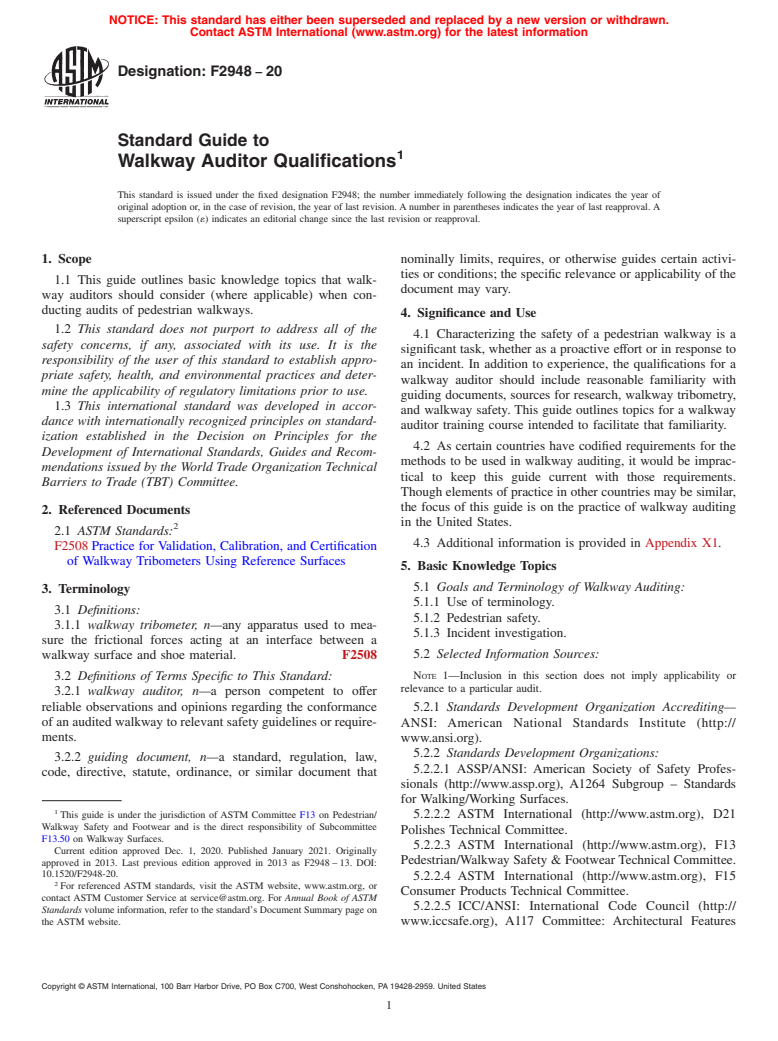 ASTM F2948-20 - Standard Guide to Walkway Auditor Qualifications