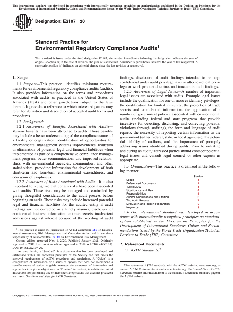 ASTM E2107-20 - Standard Practice for  Environmental Regulatory Compliance Audits