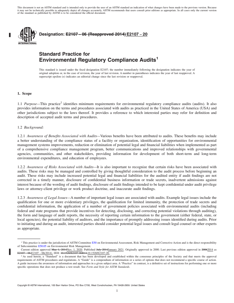 REDLINE ASTM E2107-20 - Standard Practice for  Environmental Regulatory Compliance Audits