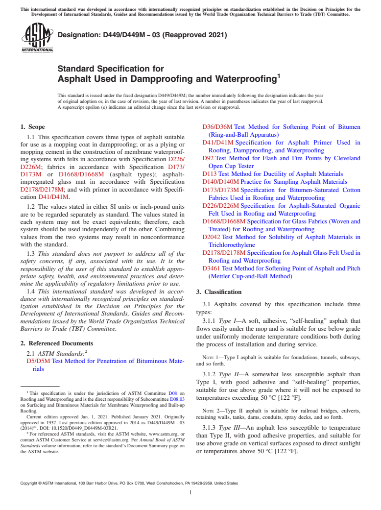 ASTM D449/D449M-03(2021) - Standard Specification for Asphalt Used in Dampproofing and Waterproofing