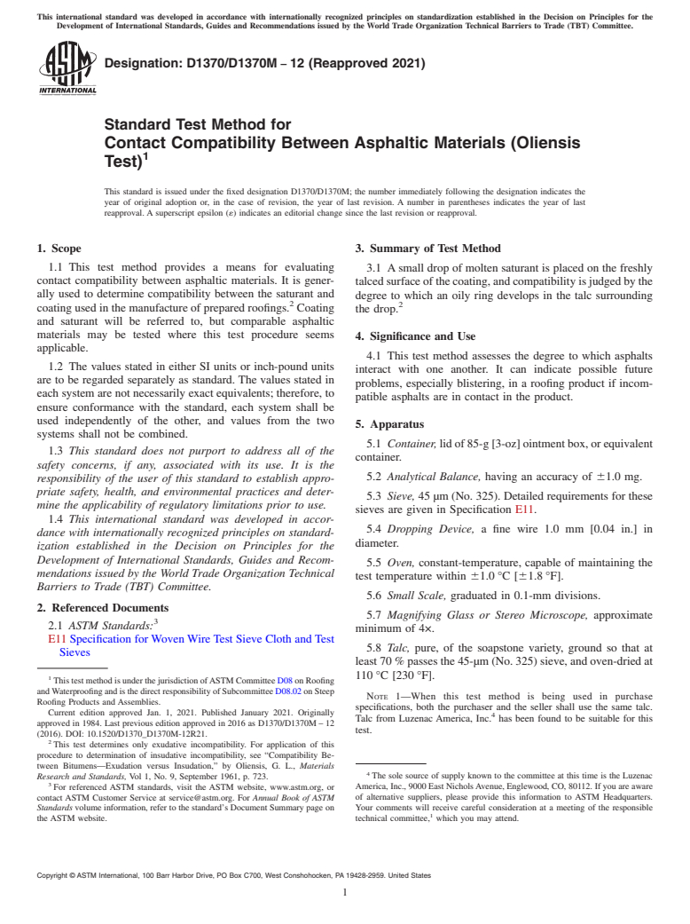 ASTM D1370/D1370M-12(2021) - Standard Test Method for Contact Compatibility Between Asphaltic Materials (Oliensis  Test)