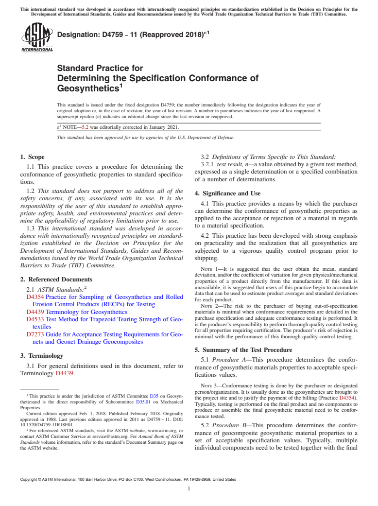 ASTM D4759-11(2018)e1 - Standard Practice for  Determining the Specification Conformance of Geosynthetics