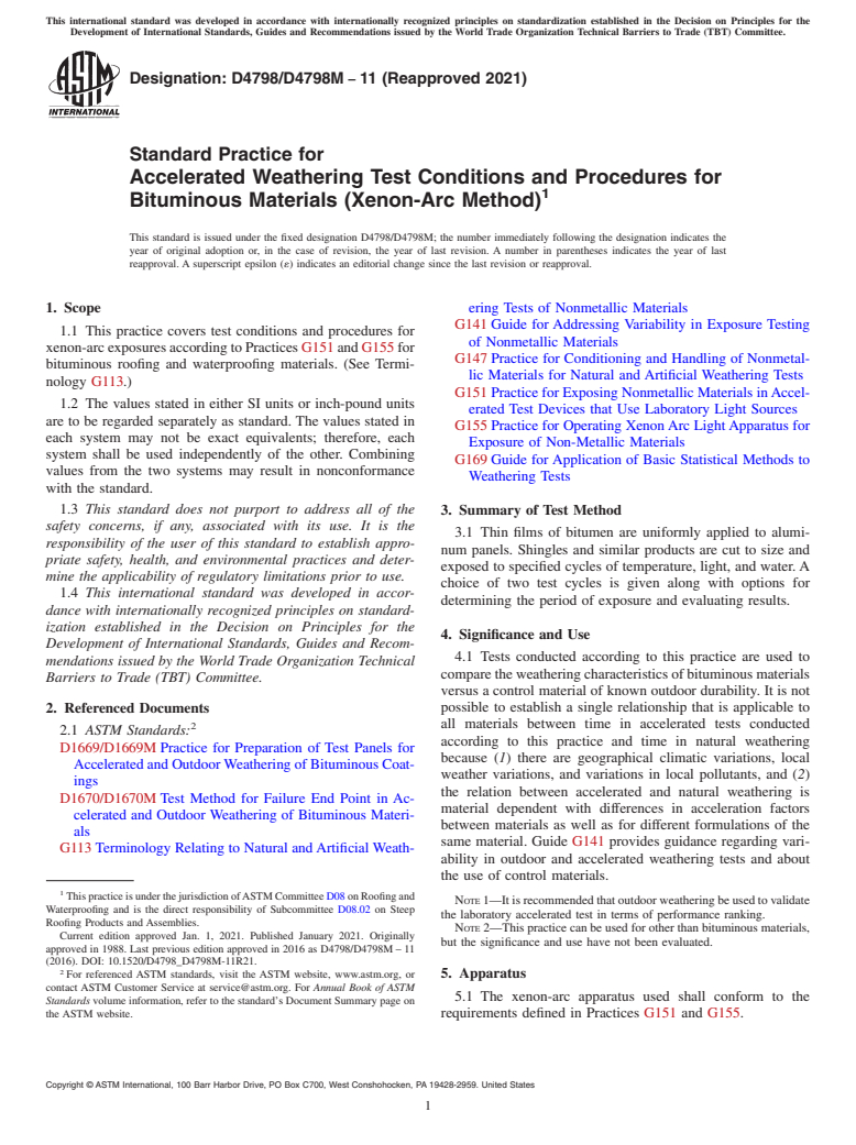 ASTM D4798/D4798M-11(2021) - Standard Practice for Accelerated Weathering Test Conditions and Procedures for Bituminous   Materials (Xenon-Arc Method)