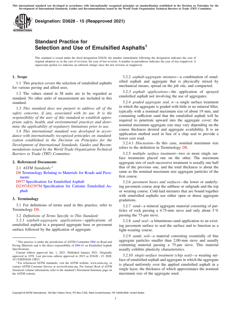 ASTM D3628-15(2021) - Standard Practice for Selection and Use of Emulsified Asphalts