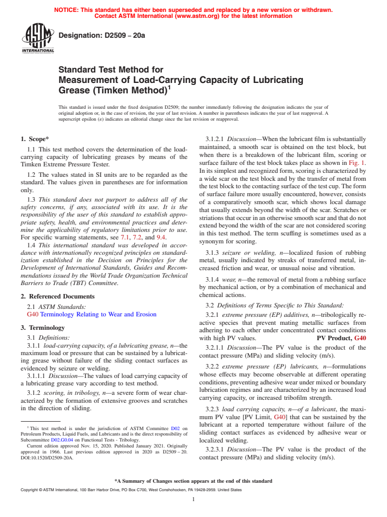 ASTM D2509-20a - Standard Test Method for  Measurement of Load-Carrying Capacity of Lubricating Grease  (Timken Method)