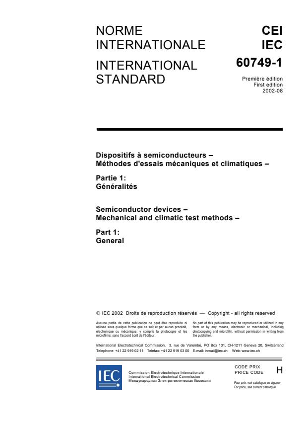 IEC 60749-1:2002 - Semiconductor devices - Mechanical and climatic test methods - Part 1: General