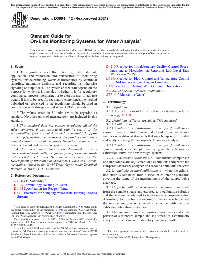 ASTM D3864-12(2021) - Standard Guide for  On-Line Monitoring Systems for Water Analysis