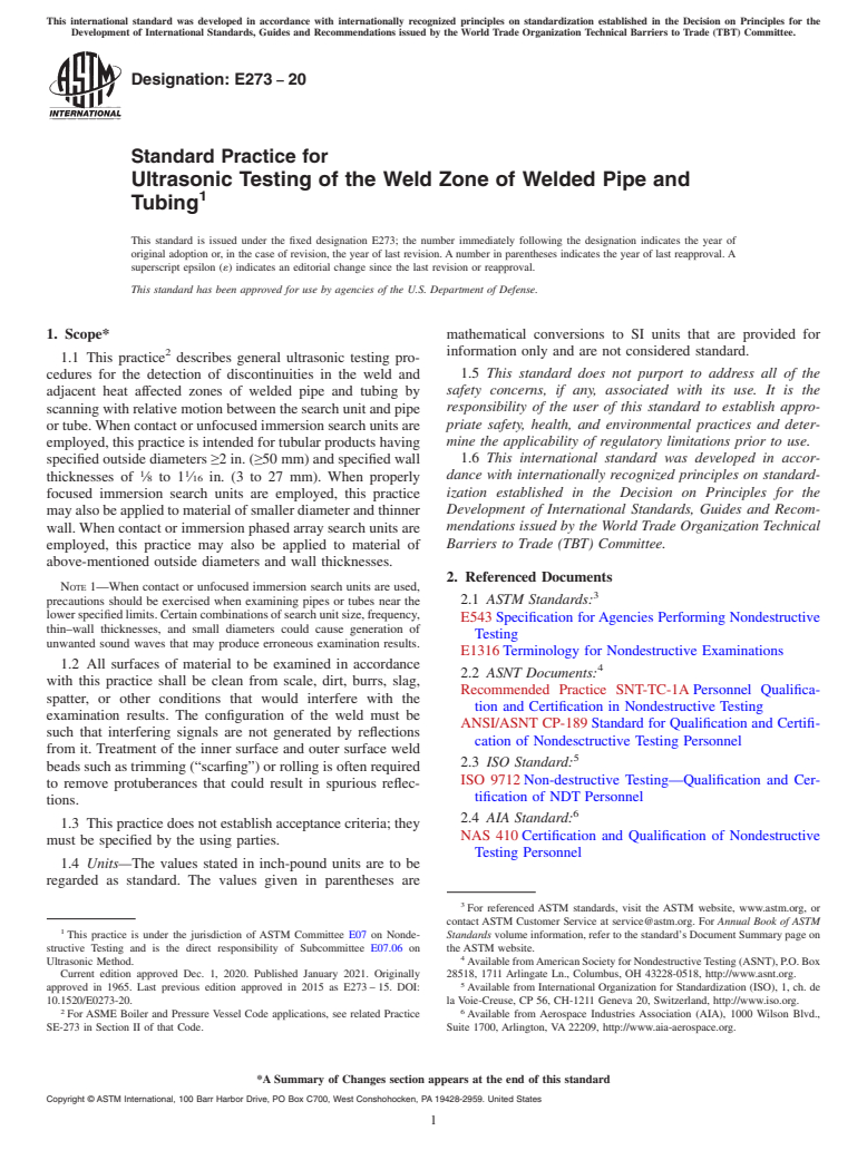 ASTM E273-20 - Standard Practice for  Ultrasonic Testing of the Weld Zone of Welded Pipe and Tubing