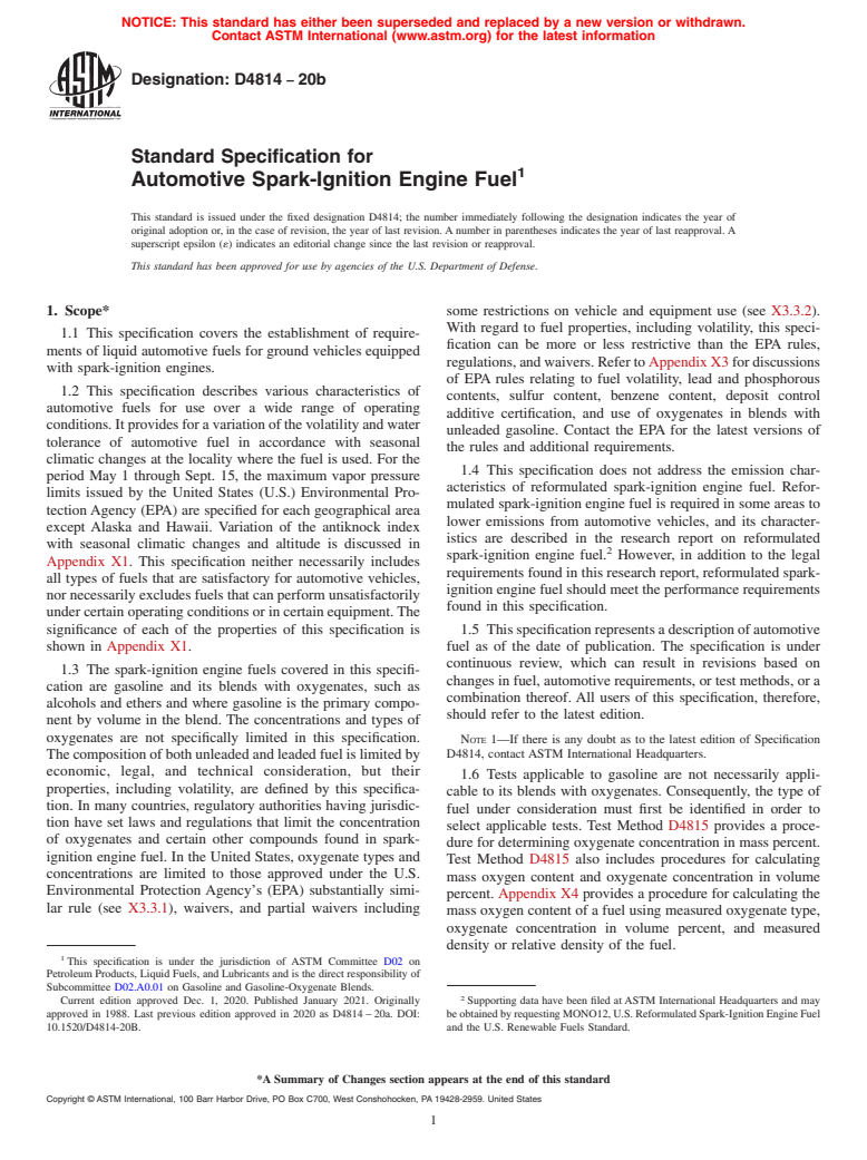 ASTM D4814-20b - Standard Specification for Automotive Spark-Ignition Engine Fuel