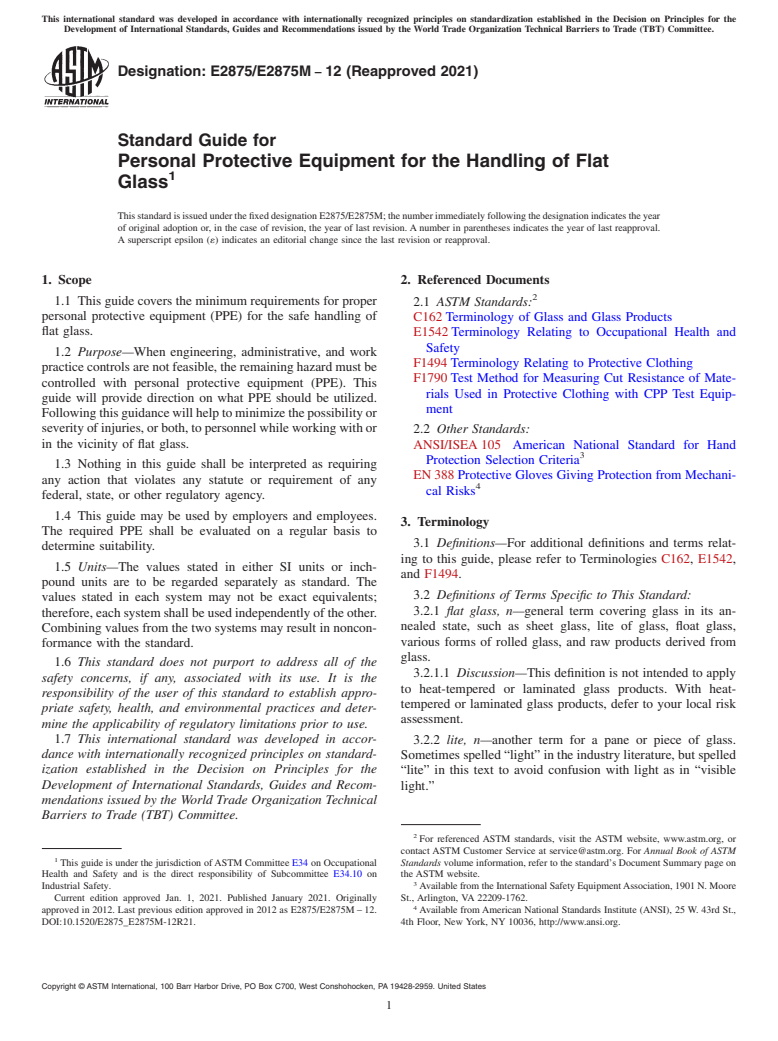 ASTM E2875/E2875M-12(2021) - Standard Guide for Personal Protective Equipment for the Handling of Flat Glass