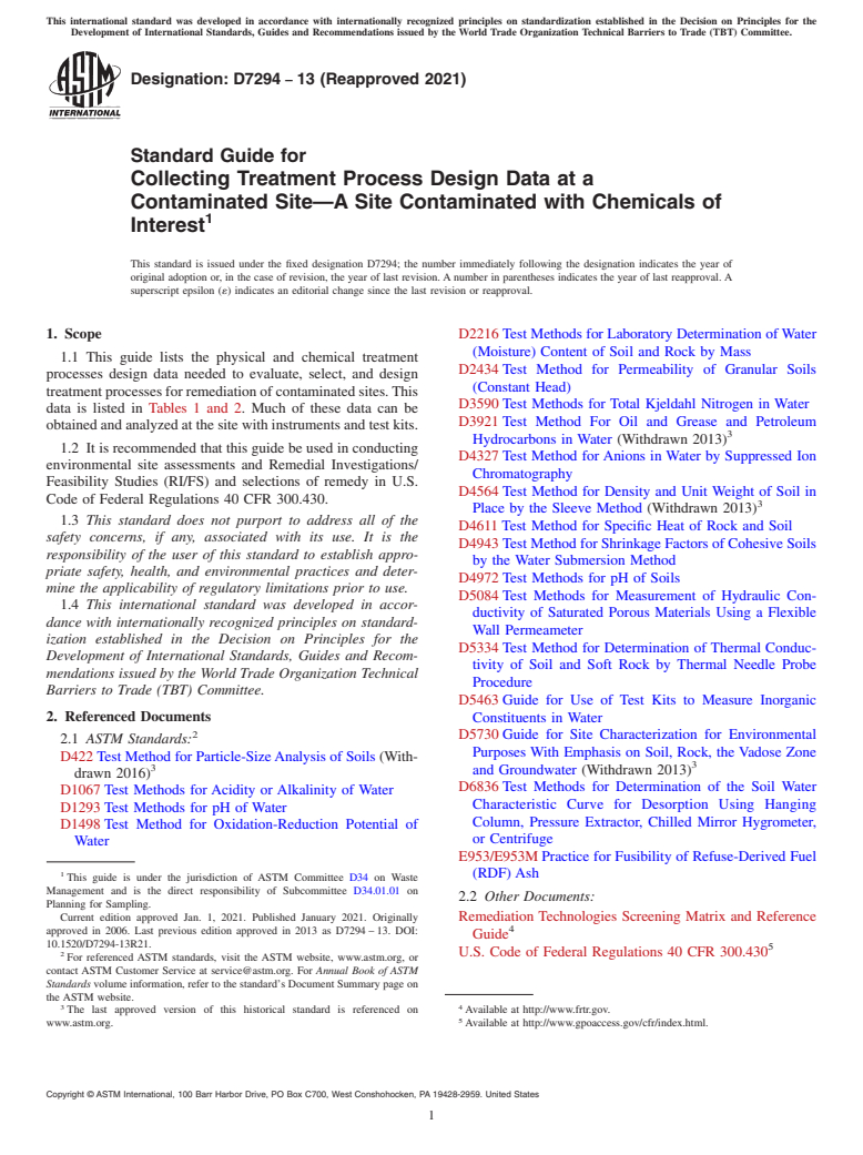 ASTM D7294-13(2021) - Standard Guide for Collecting Treatment Process Design Data at a Contaminated  Site—A Site Contaminated with Chemicals of Interest