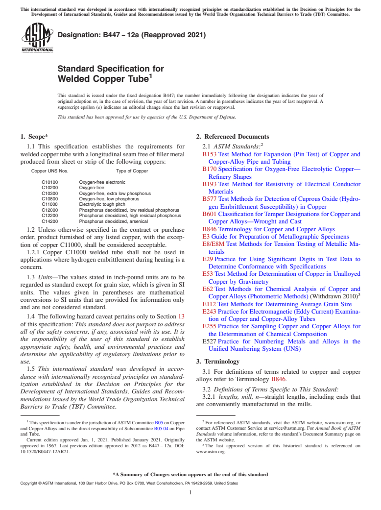 ASTM B447-12a(2021) - Standard Specification for Welded Copper Tube