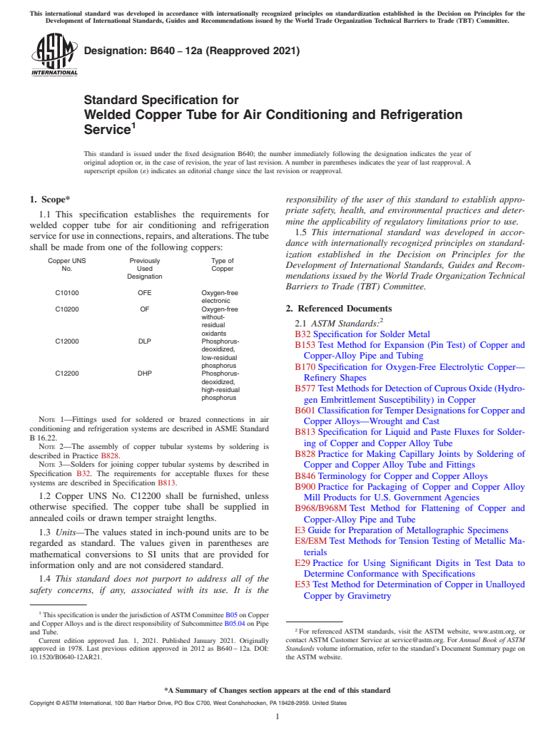 ASTM B640-12a(2021) - Standard Specification for Welded Copper Tube for Air Conditioning and Refrigeration Service