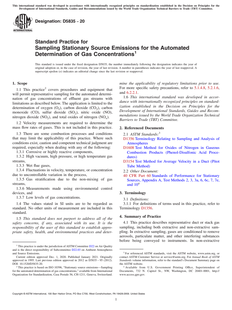 ASTM D5835-20 - Standard Practice for  Sampling Stationary Source Emissions for the Automated Determination  of Gas Concentrations