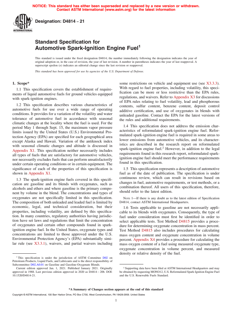 ASTM D4814-21 - Standard Specification for Automotive Spark-Ignition Engine Fuel