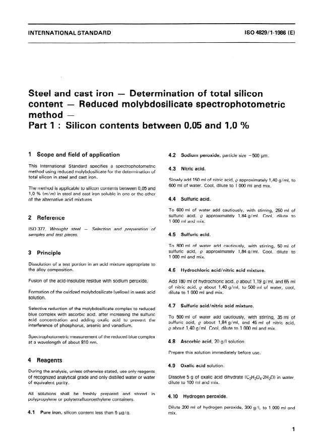 ISO 4829-1:1986 - Steel and cast iron -- Determination of total silicon content -- Reduced molybdosilicate spectrophotometric method